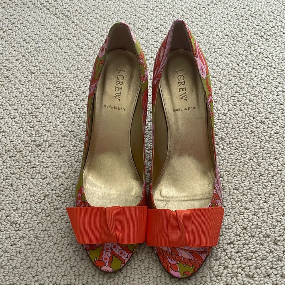 J. Crew Paisley Bow Peep Toe Liza Orange & Pink Heels